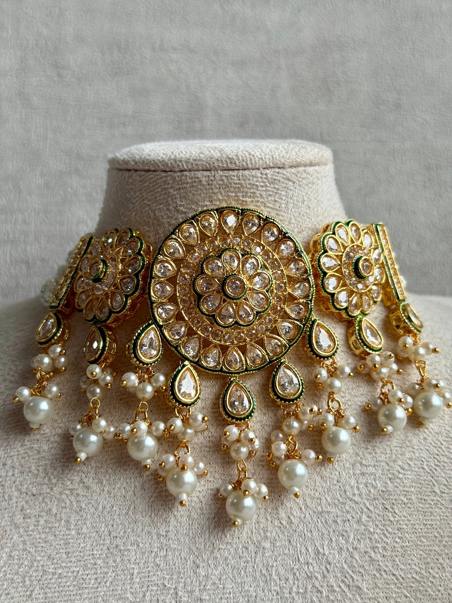Ayura Designs Khusali Set – Necklace & Earrings with Kundan Stones, Green Enamel, and Pearl Detailing