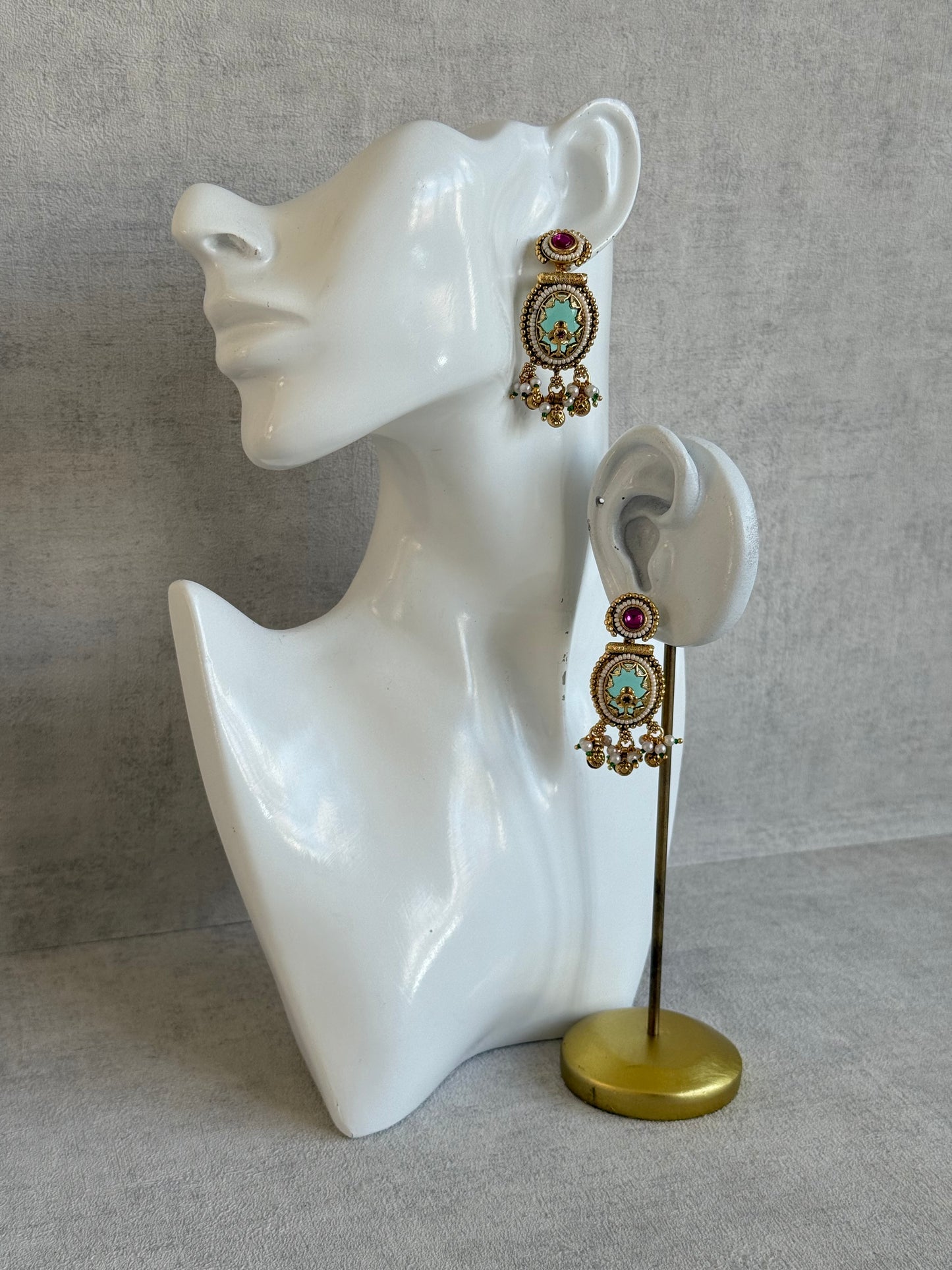 Ayura Designs Enjal Earrings – Mint Green Enamel, Pearl Beading, Pink Stone & Gold Finish