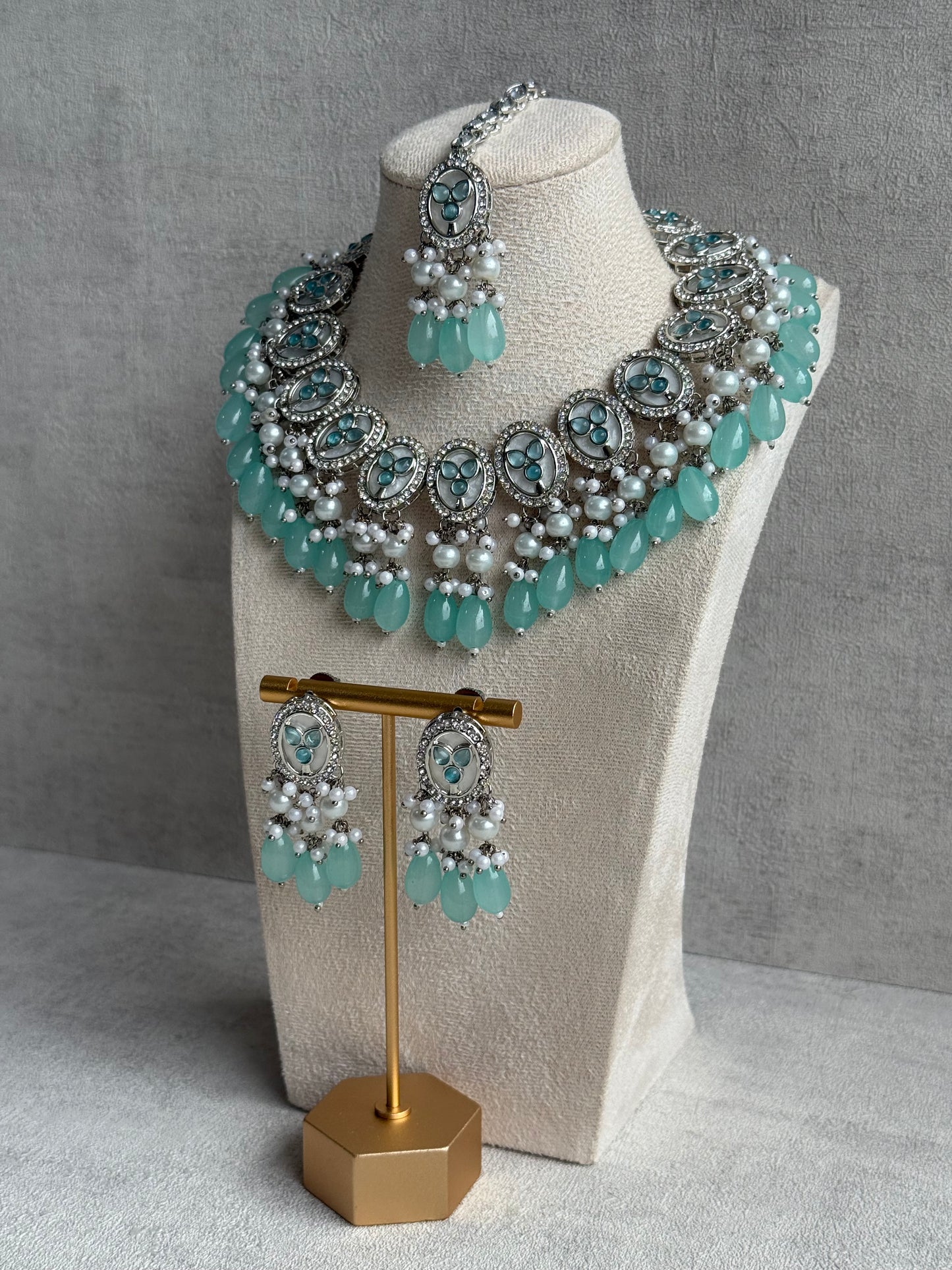 Ayura Designs Linza Set – Necklace, Earrings & Tikka in Aqua Blue & Pearl with Silver Finish