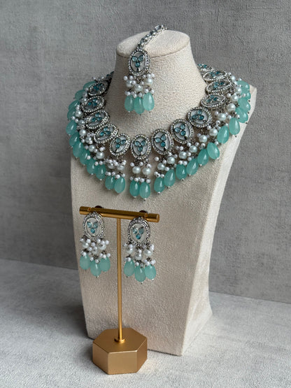 Ayura Designs Linza Set – Necklace, Earrings & Tikka in Aqua Blue & Pearl with Silver Finish