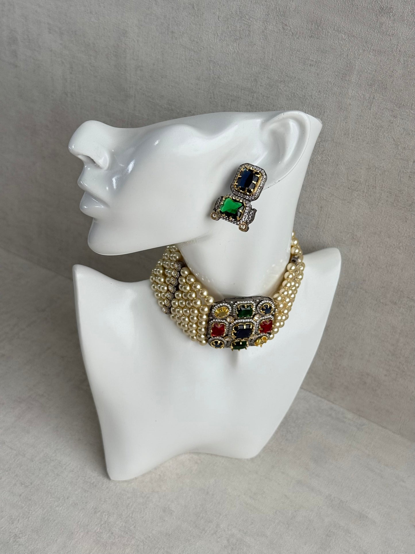 Ayura Designs Amelia Choker Set with Earrings – Moissanite Stonework with Layered Pearls in Antique Silver Finish (Deep Jewel Tones)