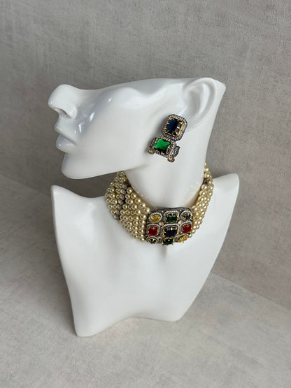 Ayura Designs Amelia Choker Set with Earrings – Moissanite Stonework with Layered Pearls in Antique Silver Finish (Deep Jewel Tones)