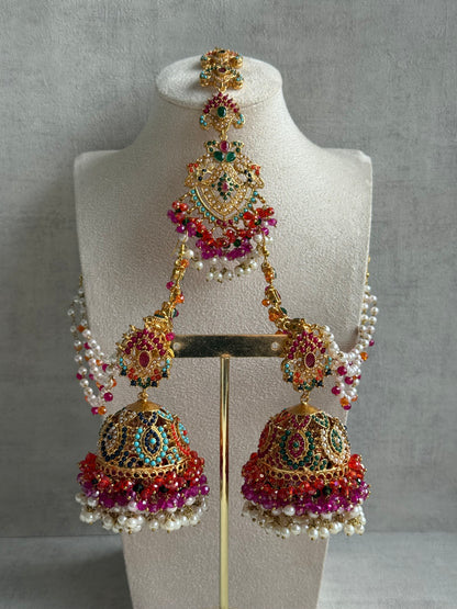 Ayura Designs Safia Tikka Set with Sahare Earrings – Multicolour (Orange, Pink & Ivory Beads)