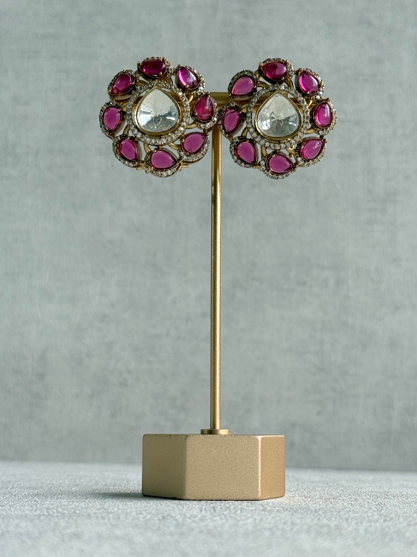 Ayura Designs Giana Stud Earrings – Rani Pink & Crystal Kundan with Gold Finish