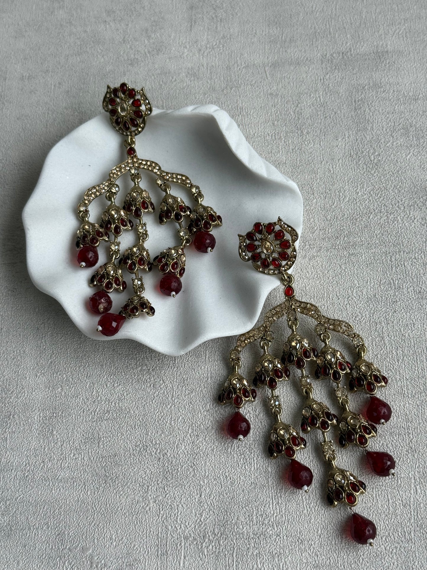Ayura Designs Jasmine Earrings – Chandelier Earrings with Maroon Beads & Antique Gold Detailing
