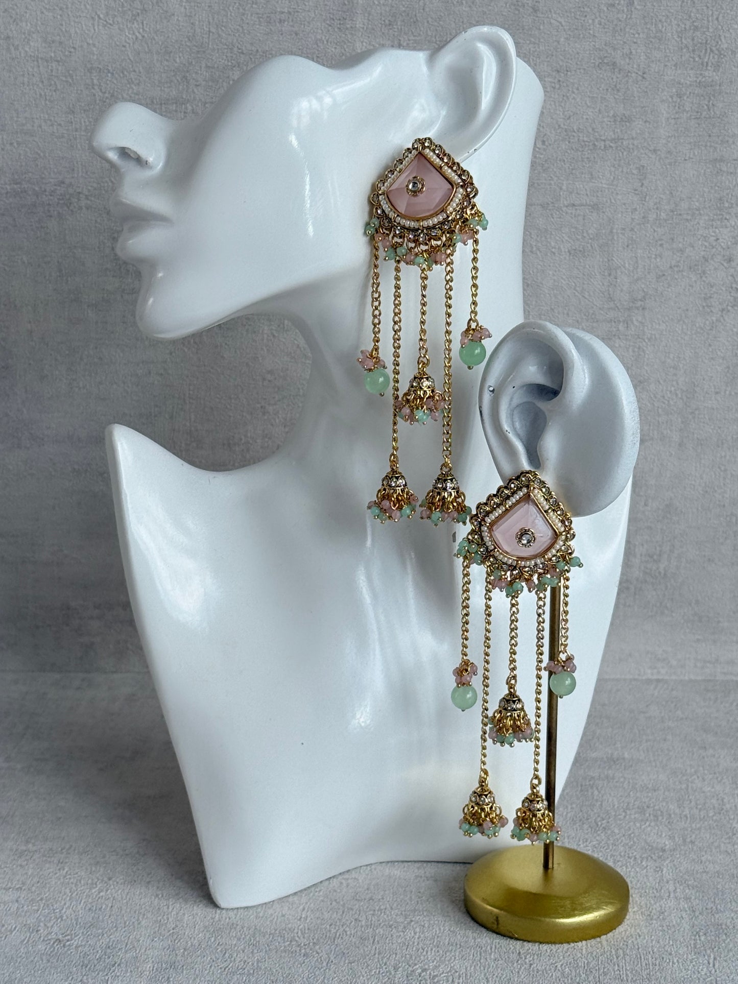 Ayura Designs Tanika Earrings – Blush Pink & Mint Green Duster Earrings with Jhumki Drops