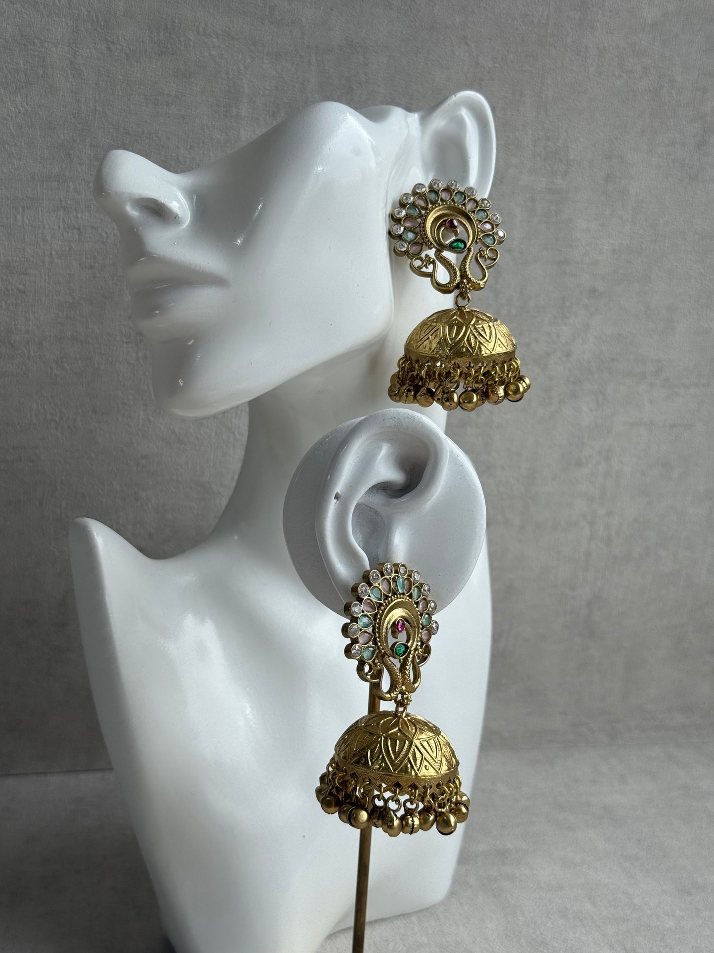 Ayura Designs Moraya Jhumkis – Mint Green & Blush Pink Peacock Motif with Antique Gold Detailing