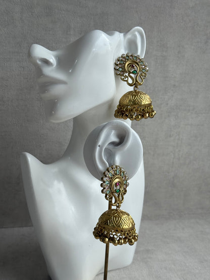 Ayura Designs Moraya Jhumkis – Mint Green & Blush Pink Peacock Motif with Antique Gold Detailing