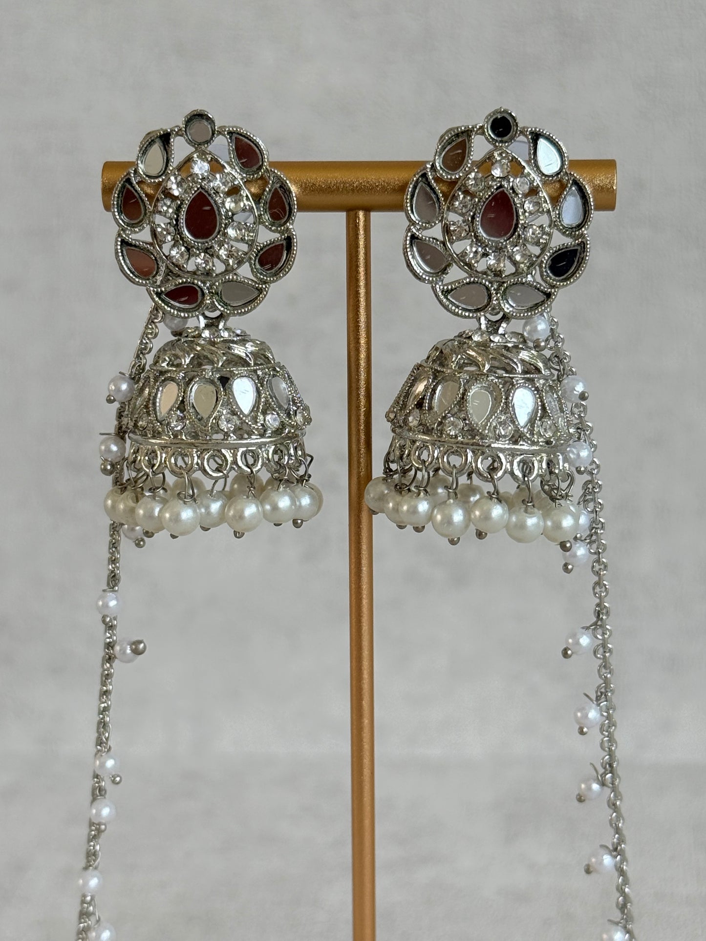 Ayura Designs Mira Jhumkis – Silver Mirror-Cut Earrings with Detachable Single-Layer Pearl Sahare