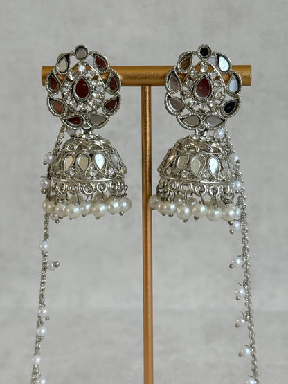 Ayura Designs Mira Jhumkis – Silver Mirror-Cut Earrings with Detachable Single-Layer Pearl Sahare
