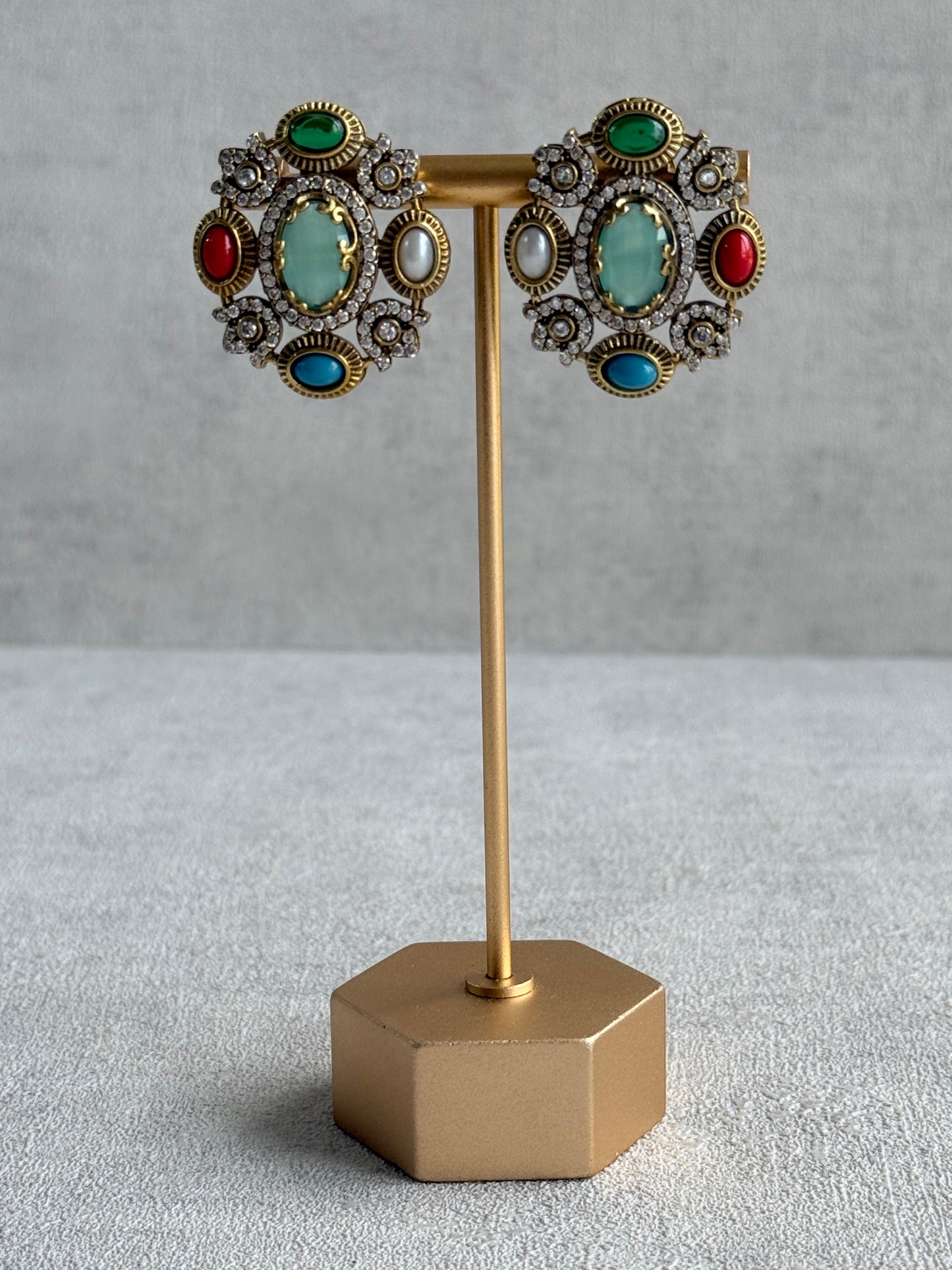 Ayura Designs Celia Stud Earrings – Sea Green & Multicolour Stones with Gold Finish