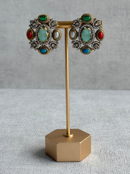 Ayura Designs Celia Stud Earrings – Sea Green & Multicolour Stones with Gold Finish