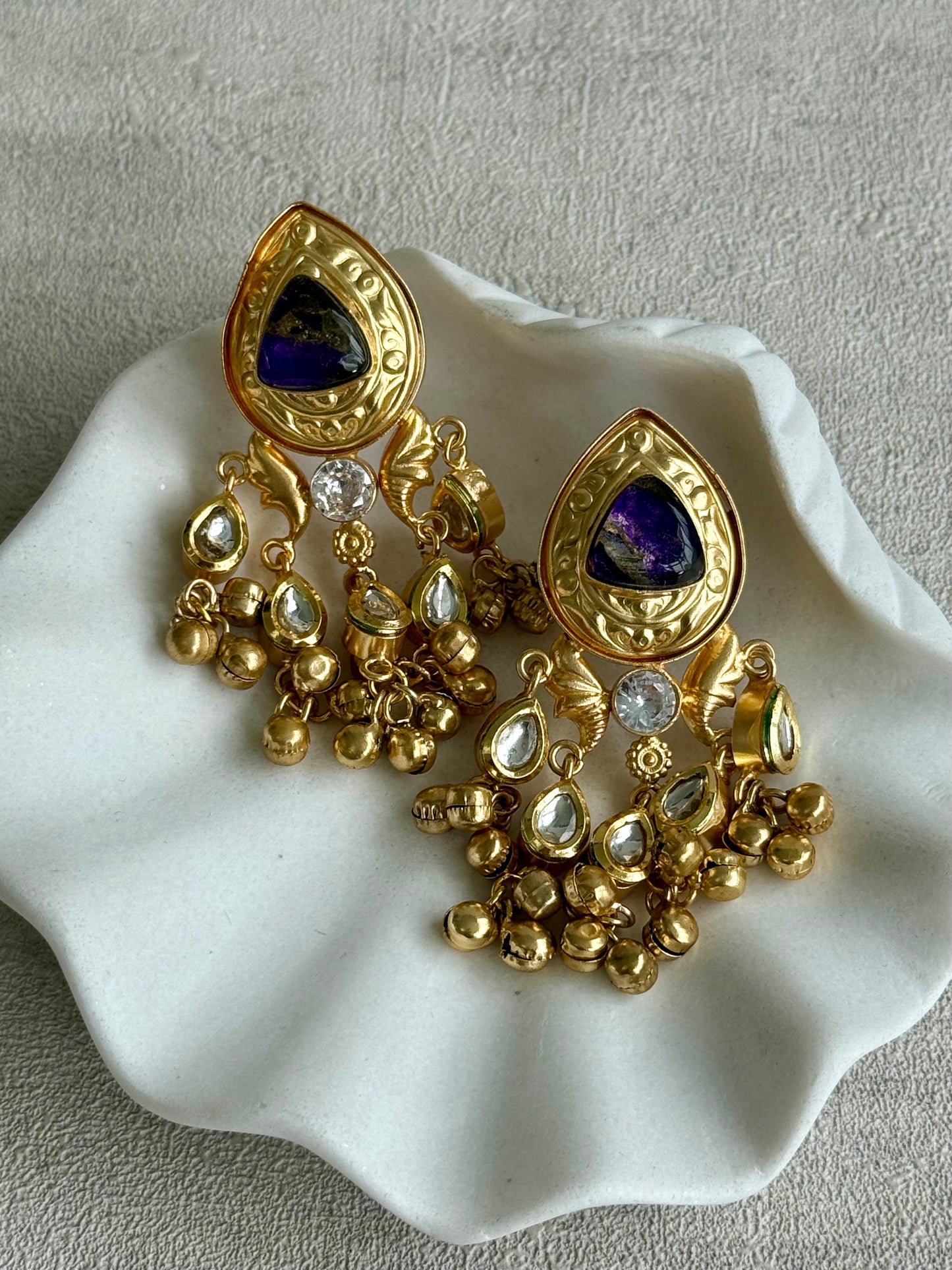 Ayura Designs Arheer Earrings – Violet Marble with Kundan Detailing & Antique Gold Ghungroos