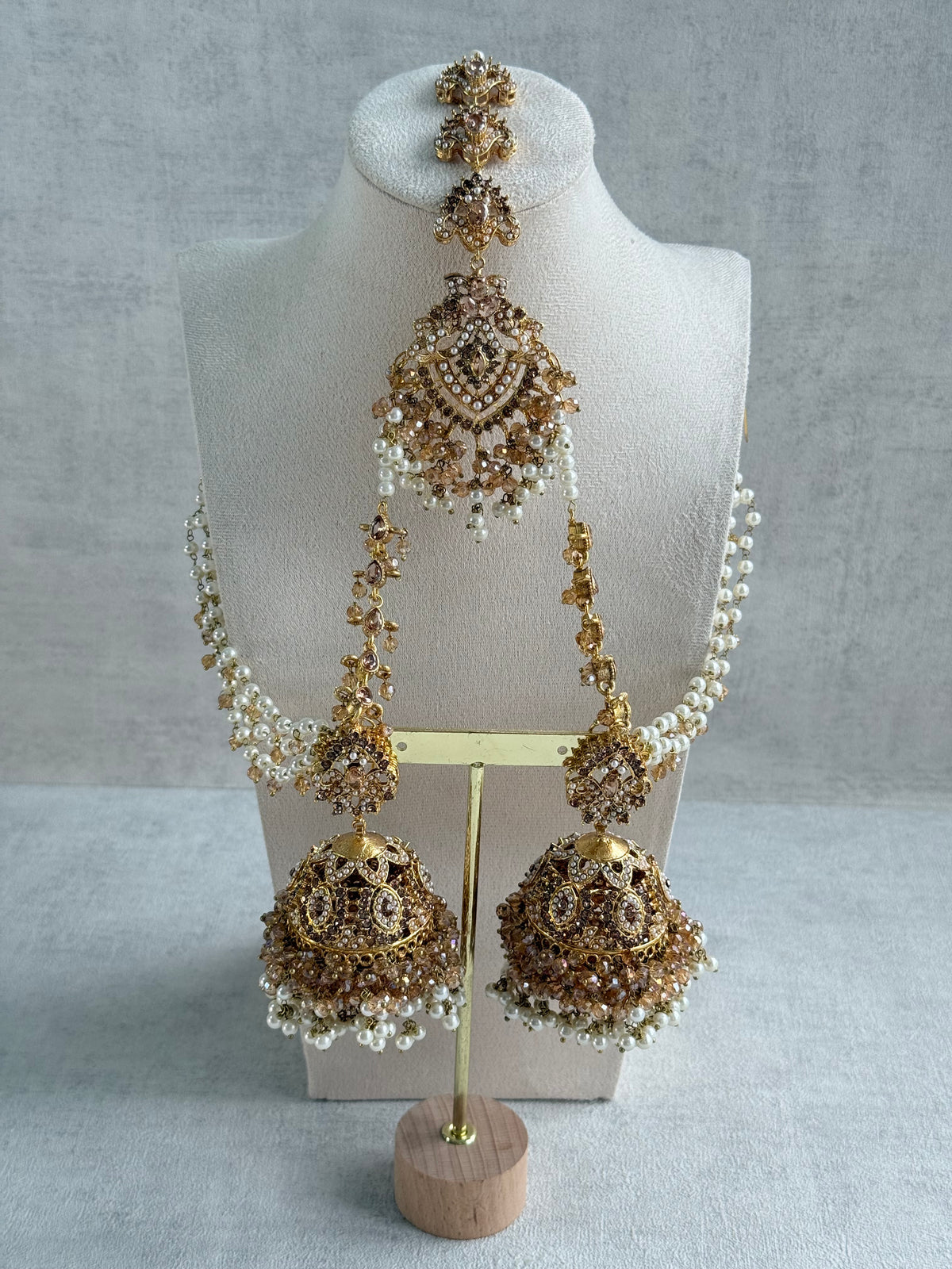 Ayura Designs Safia Tikka Set with Sahare Earrings – Champagne Gold Beads & Pearls
