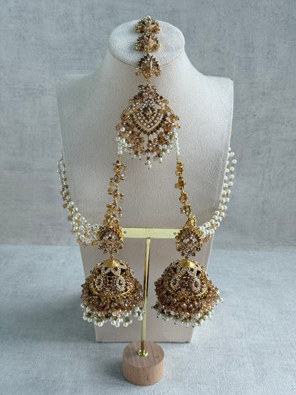 Ayura Designs Safia Tikka Set with Sahare Earrings – Champagne Gold Beads & Pearls