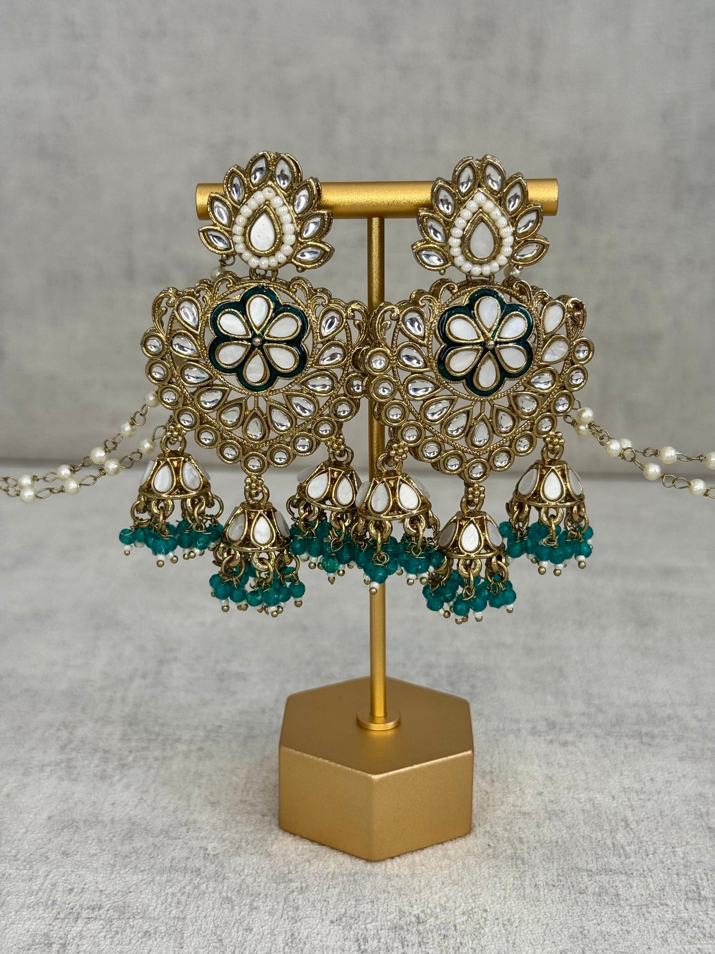 Ayura Designs Issa Earrings – Opulent Gold & Sahare Chandbali Jhumkas with Deep Emerald Green Enamel, Polki Kundan & Pearl Accents