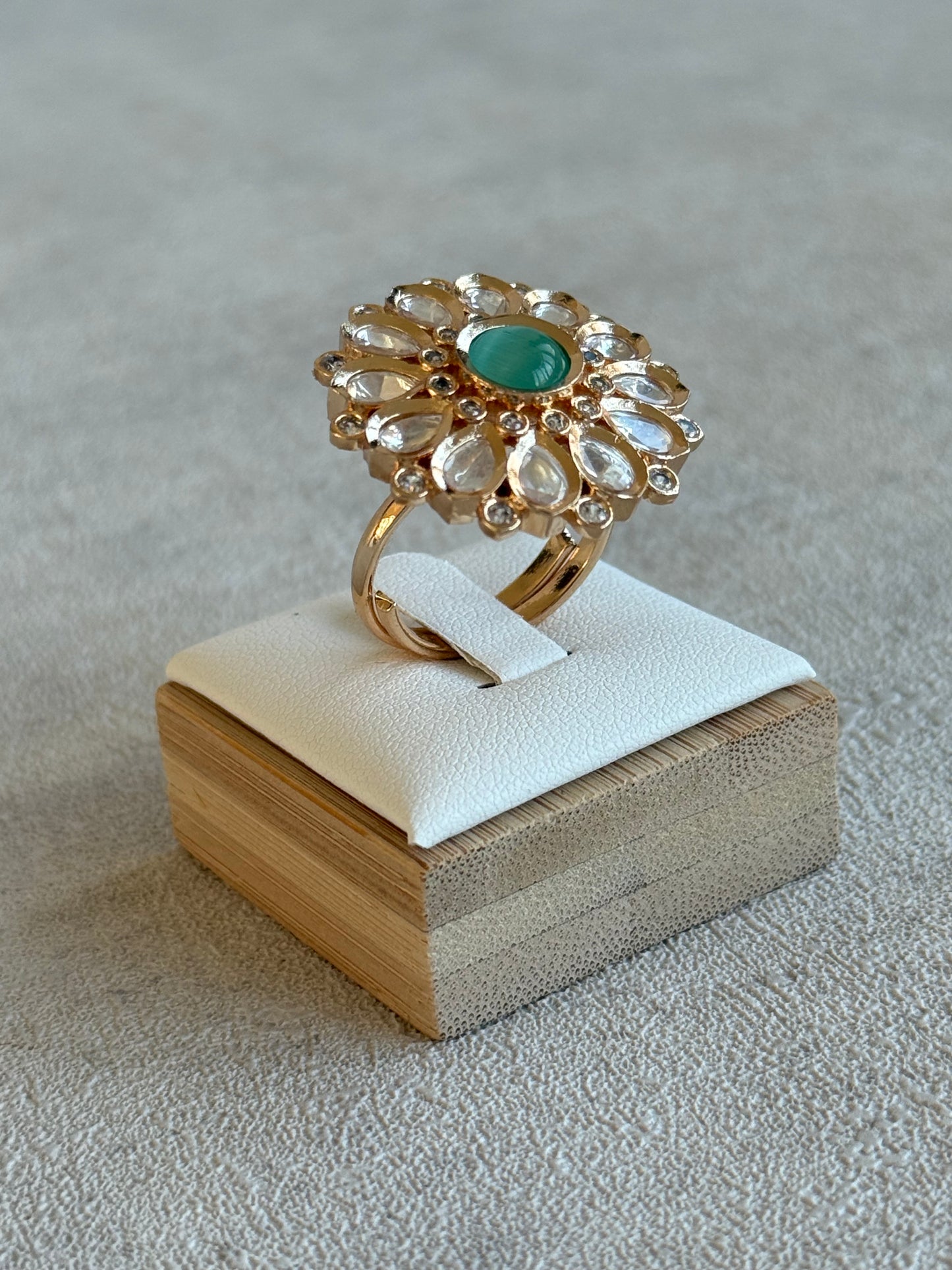 Ayura Designs Luisa Adjustable Ring – Mint Centre Stone with Crystal Petal Detailing