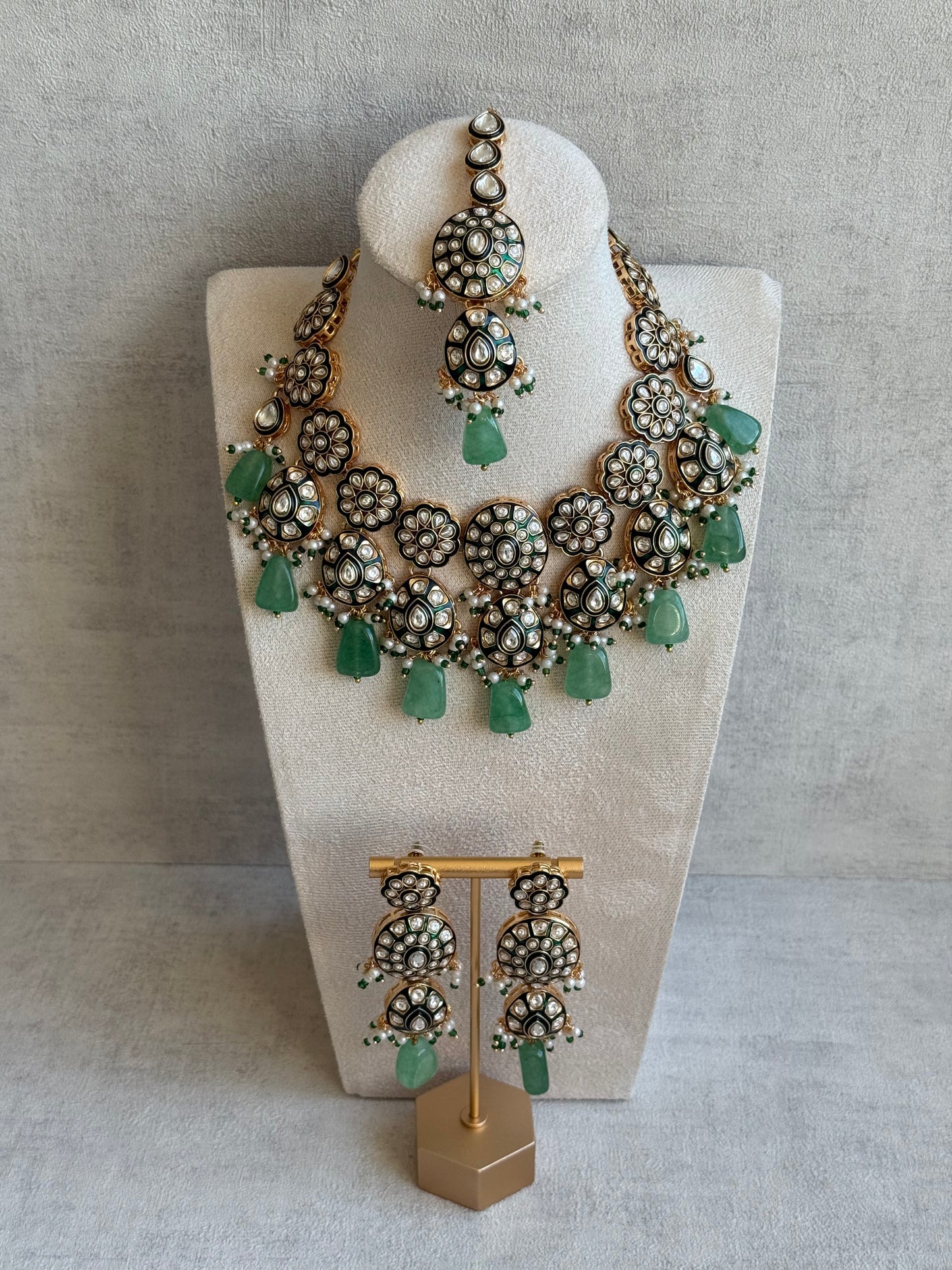 Ayura Designs Sumaira Set with Passa – Necklace, Earrings, Tikka & Passa with Kundan, Green Meenakari Detailing & Jade Green Drops