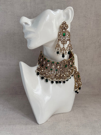 Ayura Designs Aisha Choker Set with Earrings & Tikka – Emerald Green Stones, Polki & Pearl Detailing