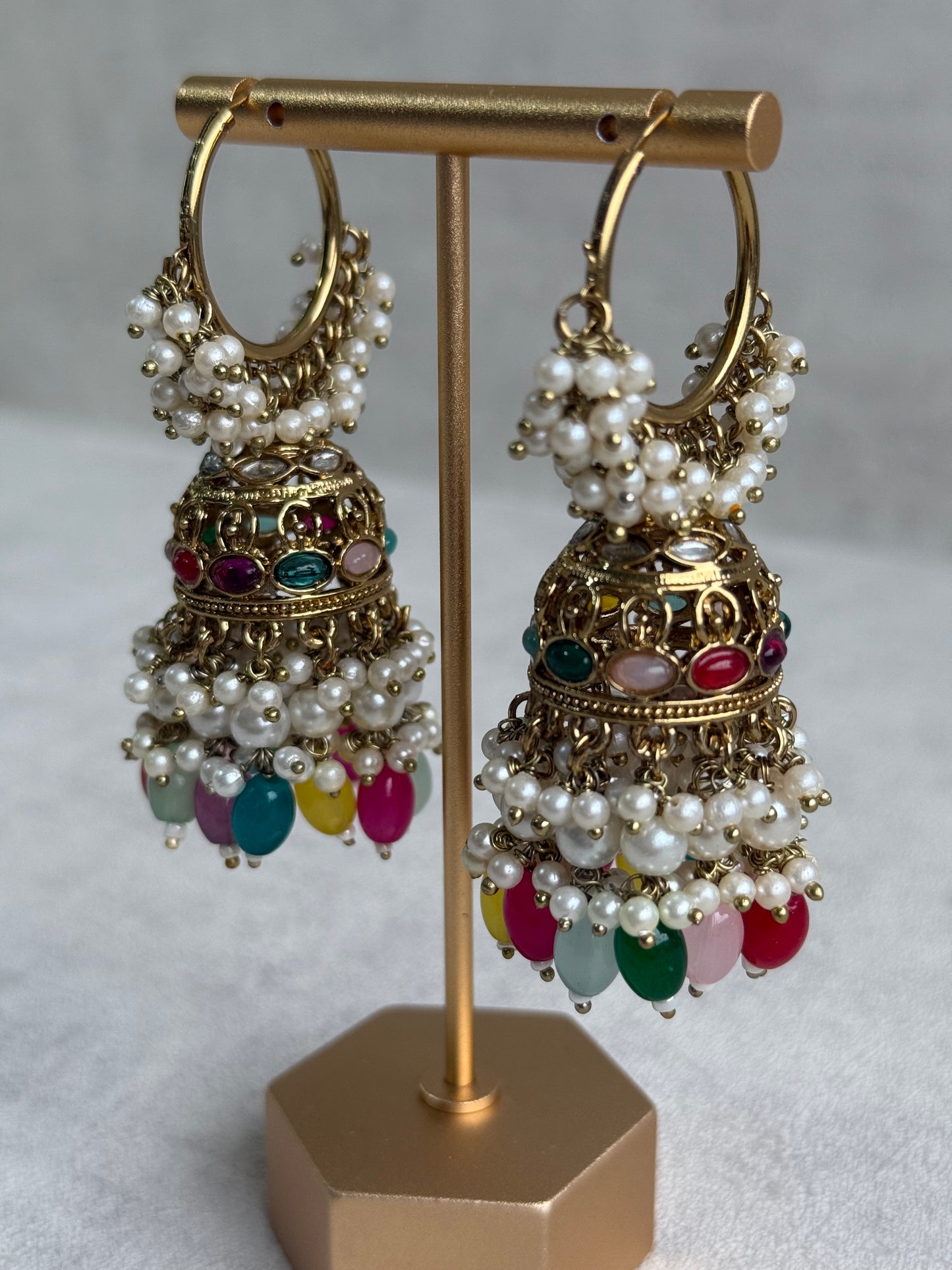 Ayura Designs Jugni Jhumkis – Antique Gold Balis with Multicolour Beads & Pearl Clusters