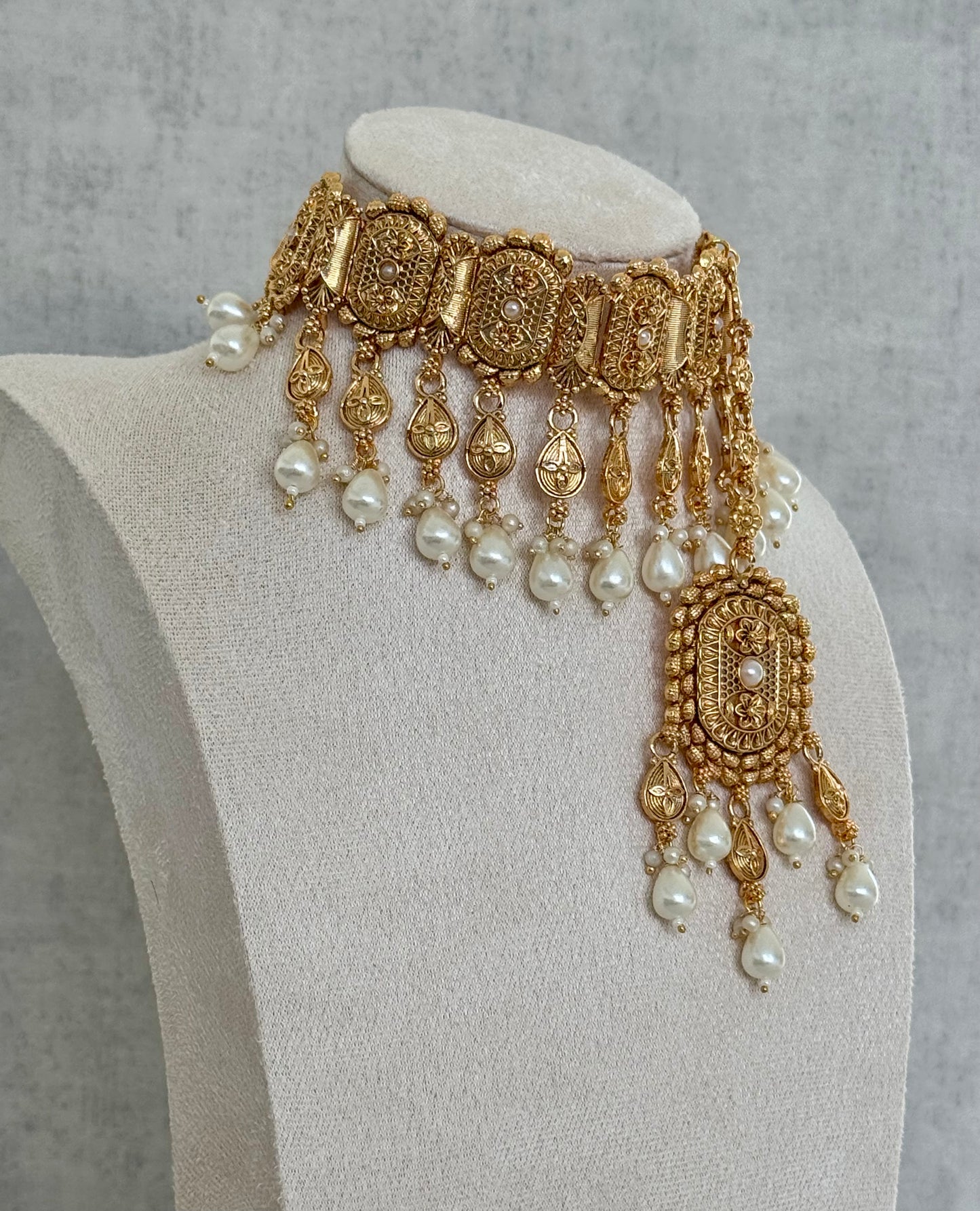 Ayura Designs Elahi Antique Gold-Plated Choker Set with Earrings & Tikka, Adorned with Pearl Drops