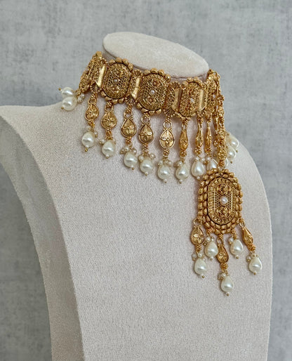 Ayura Designs Elahi Antique Gold-Plated Choker Set with Earrings & Tikka, Adorned with Pearl Drops