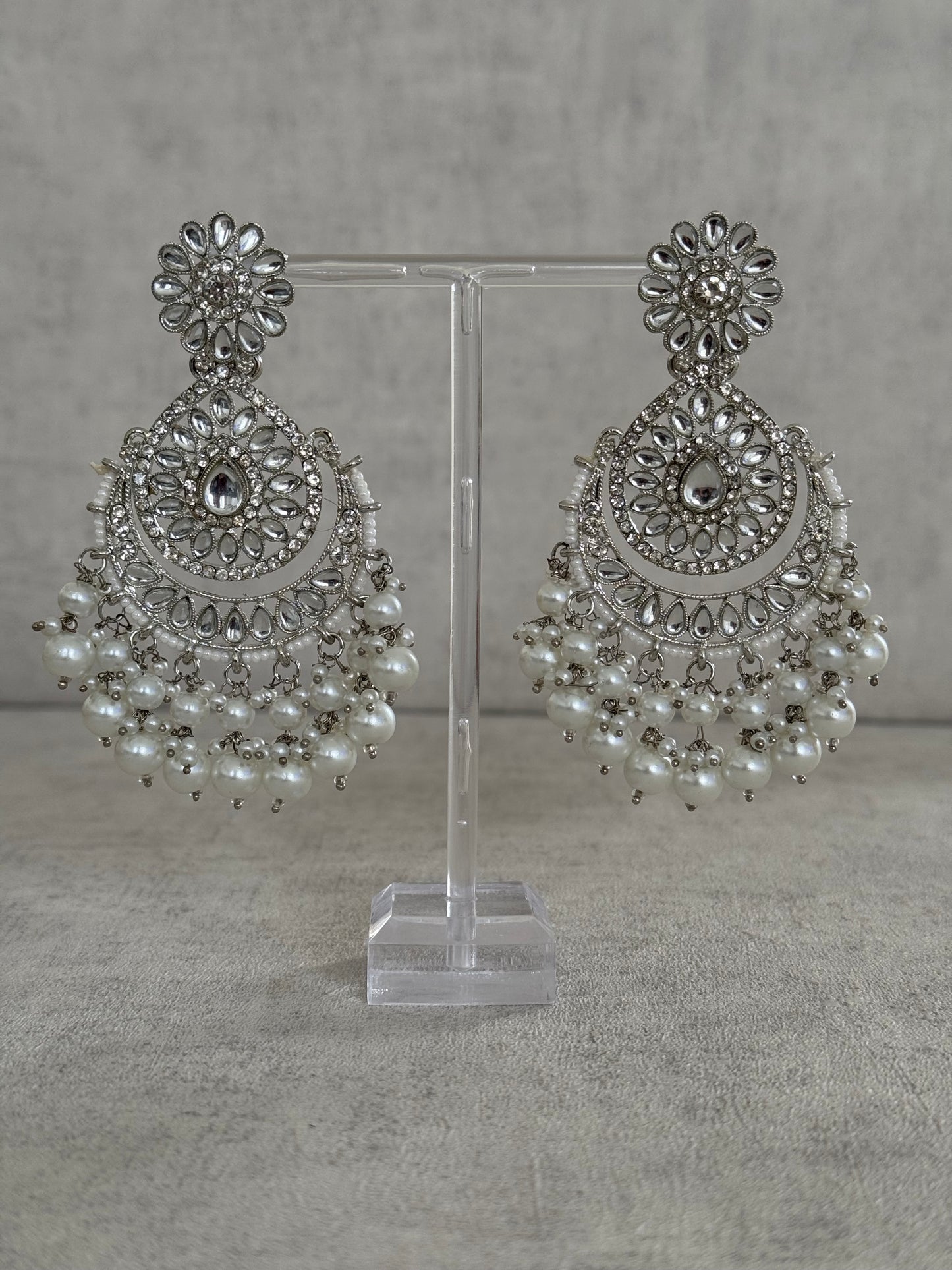 Ayura Designs Seher Tikka & Earrings Set – Radiant Silver with Luminous White Pearls