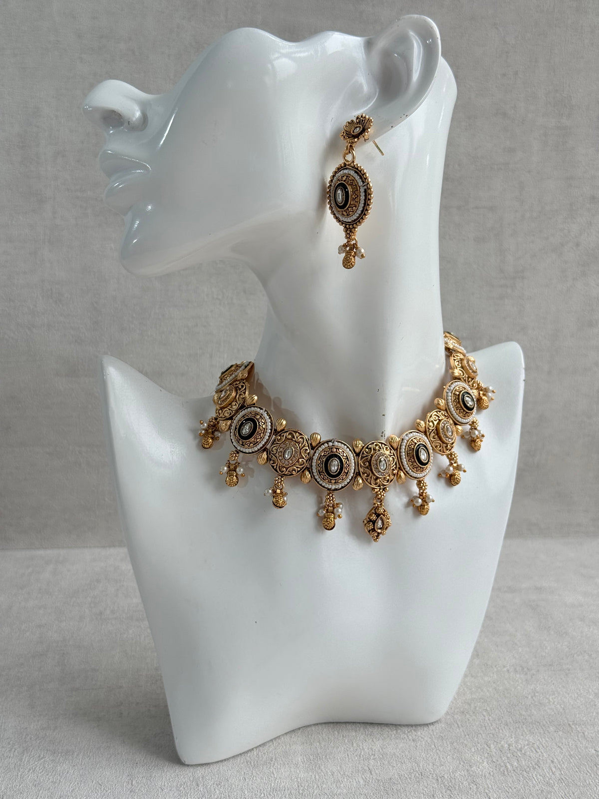 Ayura Designs Livia Necklace Set with Earrings – Green Enamel, Kundan & Pearl Detailing in Antique Gold Finish