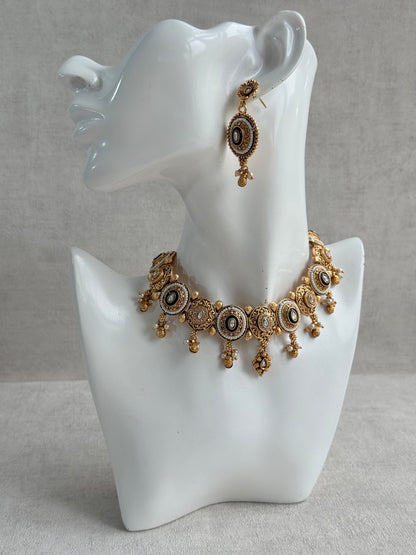 Ayura Designs Livia Necklace Set with Earrings – Green Enamel, Kundan & Pearl Detailing in Antique Gold Finish