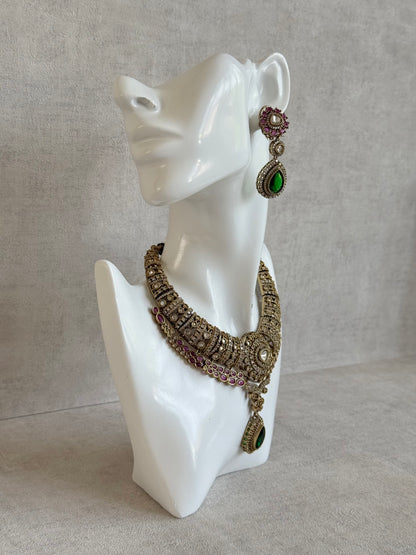 Ayura Designs Ahana Necklace Set with Earrings – Emerald Green Teardrop Stones, Ruby Pink Accents & Moissanite Detailing