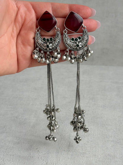 Ayura Designs Zarfa Earrings – Oxidised Earrings with Ruby Red Stones, Hanging Ghungroo Chains & Crescent Detailing