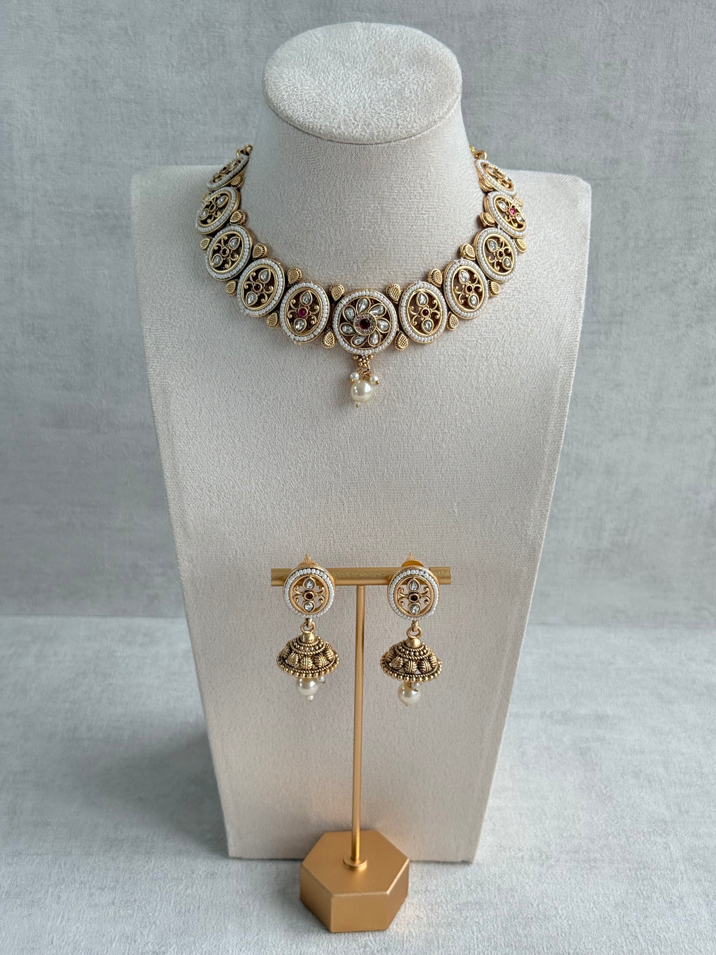 Ayura Designs Laina Necklace Set with Jhumkis – Kundan & Rani Pink Stones, Pearls & Antique Gold Finish