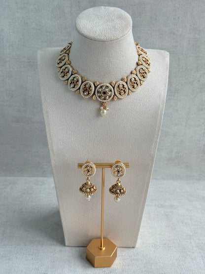 Ayura Designs Laina Necklace Set with Jhumkis – Kundan & Rani Pink Stones, Pearls & Antique Gold Finish