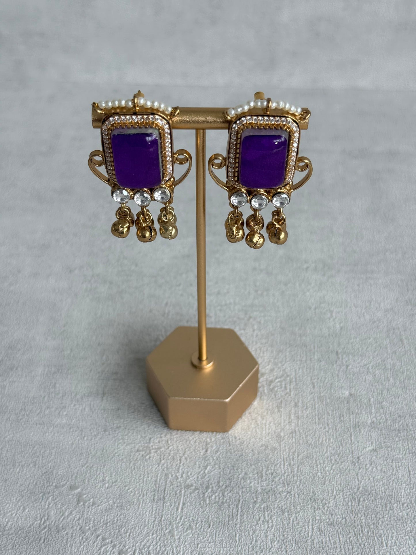Ayura Designs Aleena Earrings – Royal Purple Stone Stud Earrings with Pearls & Ghungroo Detailing