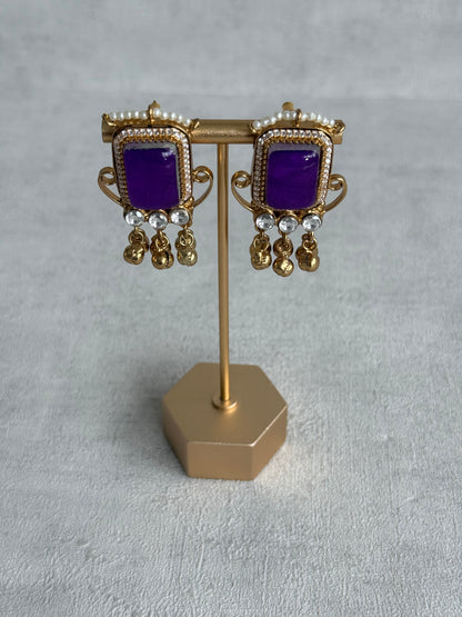 Ayura Designs Aleena Earrings – Royal Purple Stone Stud Earrings with Pearls & Ghungroo Detailing