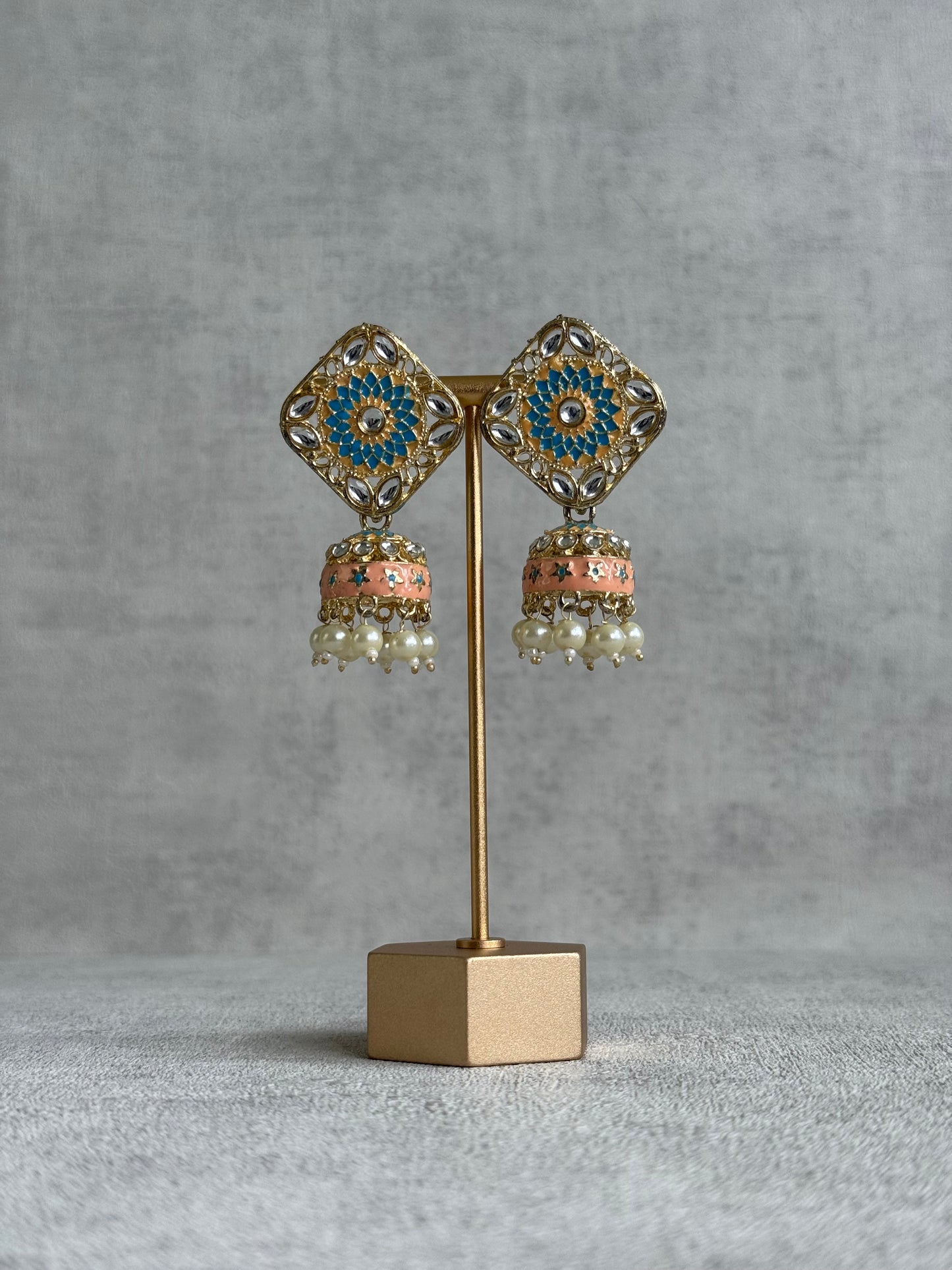 Ayura Designs Rangoli Jhumkis – Aqua Blue & Peach Meenakari with Pearl Drops in Antique Gold Finish