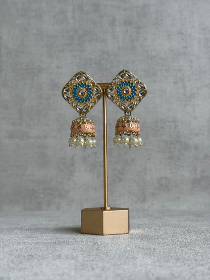 Ayura Designs Rangoli Jhumkis – Aqua Blue & Peach Meenakari with Pearl Drops in Antique Gold Finish