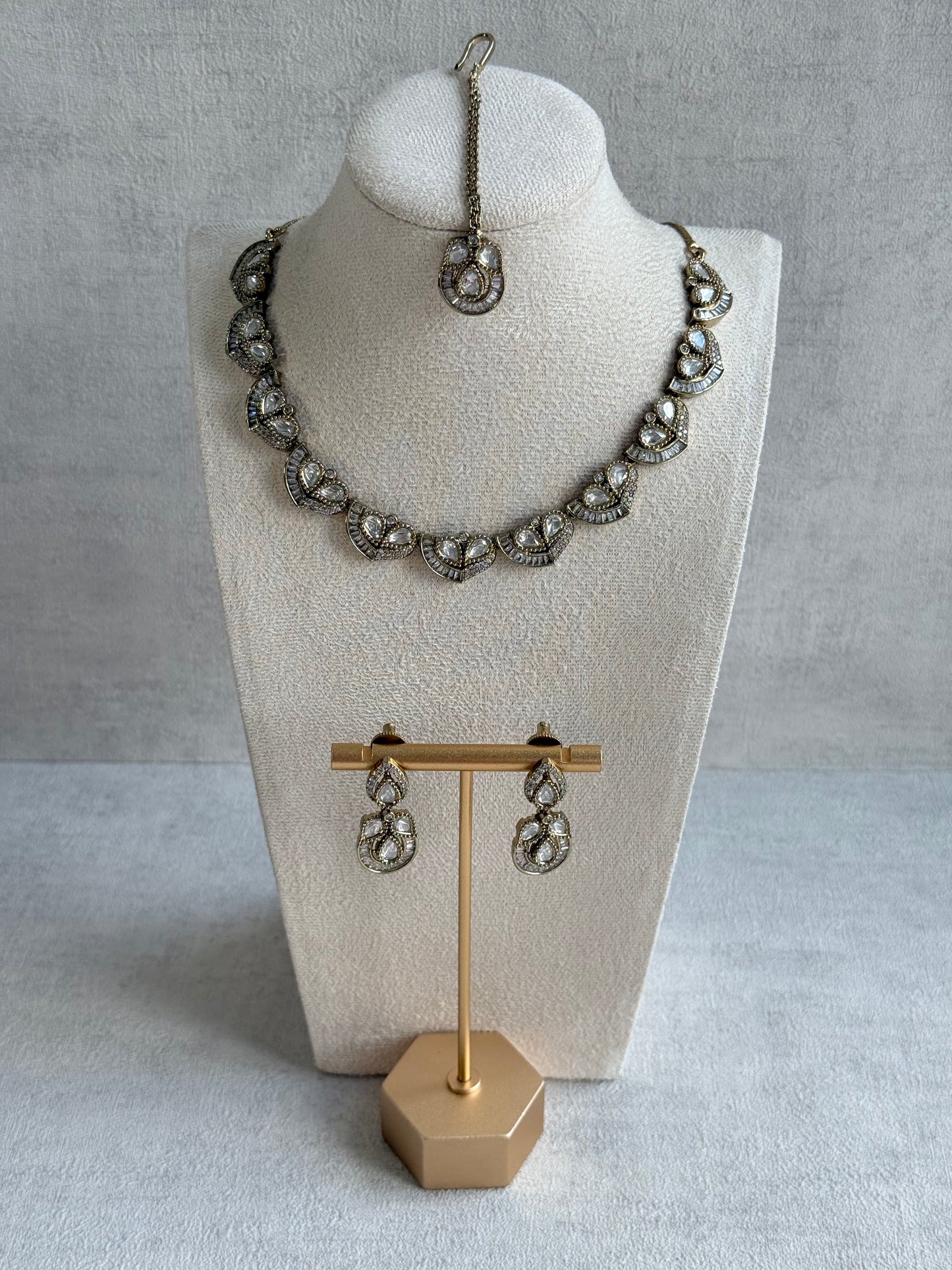Ayura Designs Katalina Necklace Set with Earrings & Tikka – Crystal Detailing & Antique Gold Finish