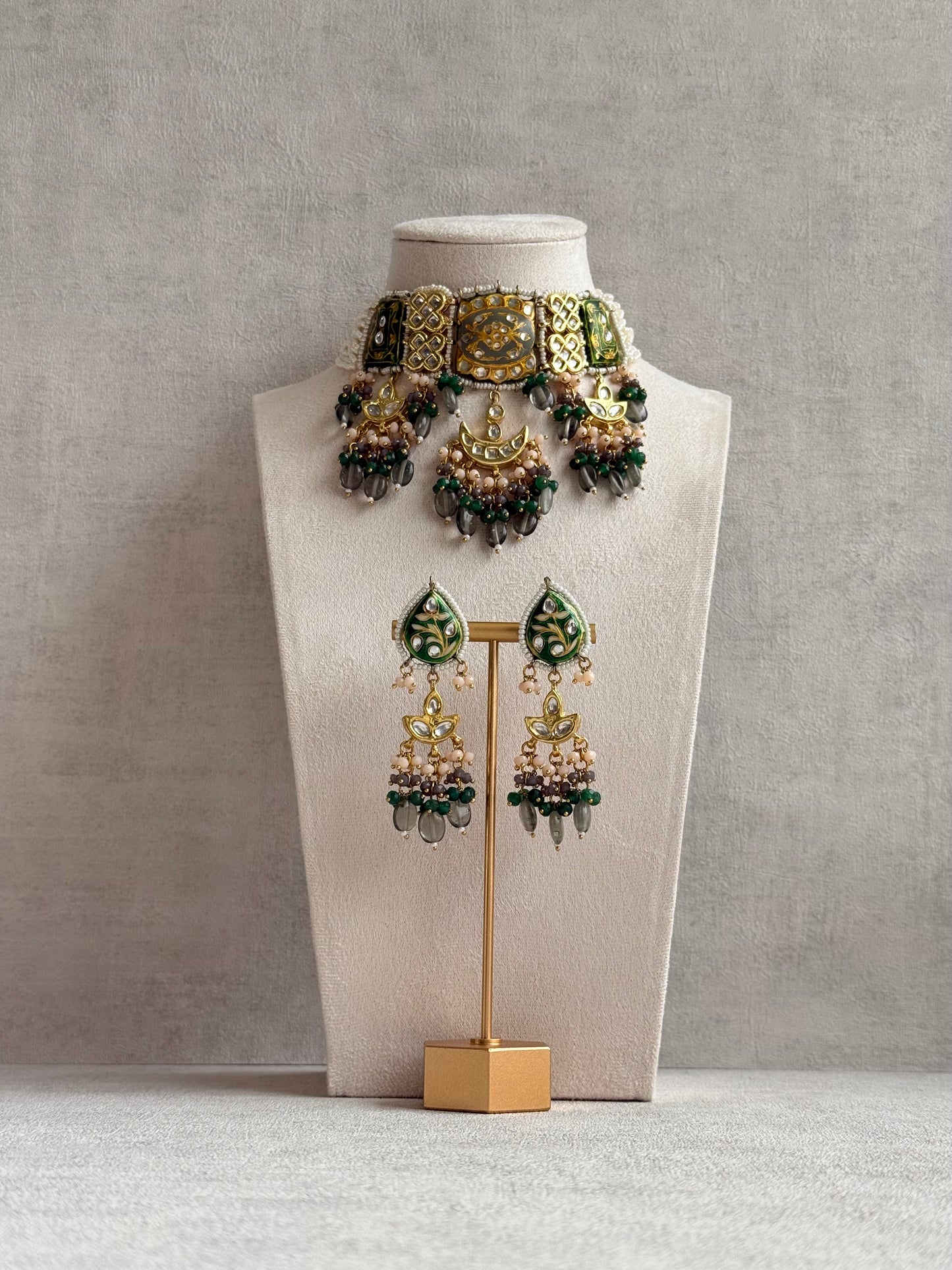 Ayura Designs Rehma Meenakari Kundan Choker Set with Earrings – Emerald Green & Pearl Bead Detailing