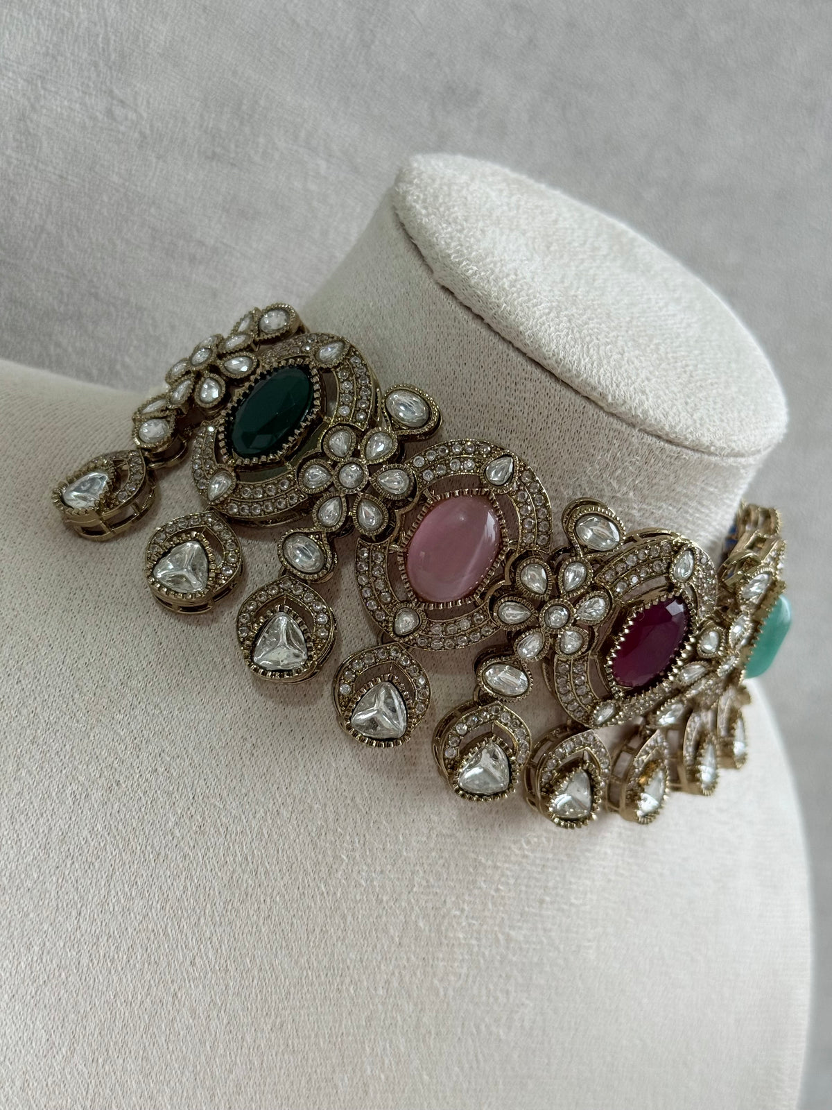 Ayura Designs Emanya Choker Set – Choker, Earrings & Tikka with Mirror-Cut Stones, Multicolour & Antique Gold Detailing