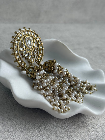 Ayura Designs Kamya Hair Brooch – Crescent Polki Design with Pearl Tassels & Antique Gold Finish