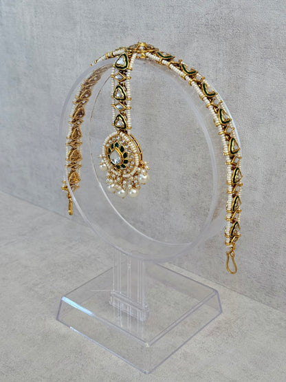 Ayura Designs Kassu Tikka Sheeshphool – Kundan & Green Enamel Headpiece with Pearl Drops