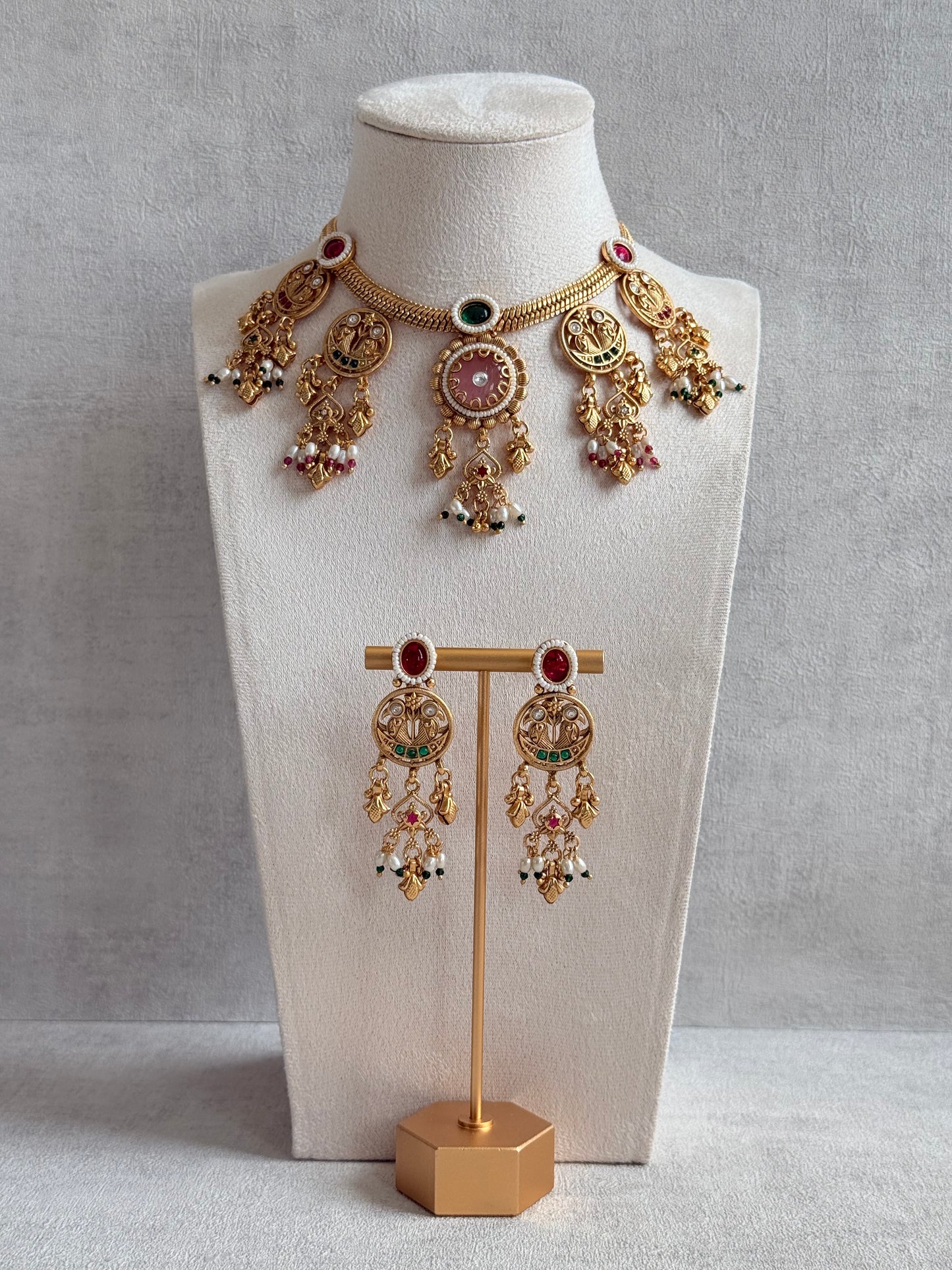 Ayura Designs Parchhai Necklace Set with Earrings – Rose Pink, Ruby Red & Emerald Green Stones, Bird Motifs & Pearl Detailing