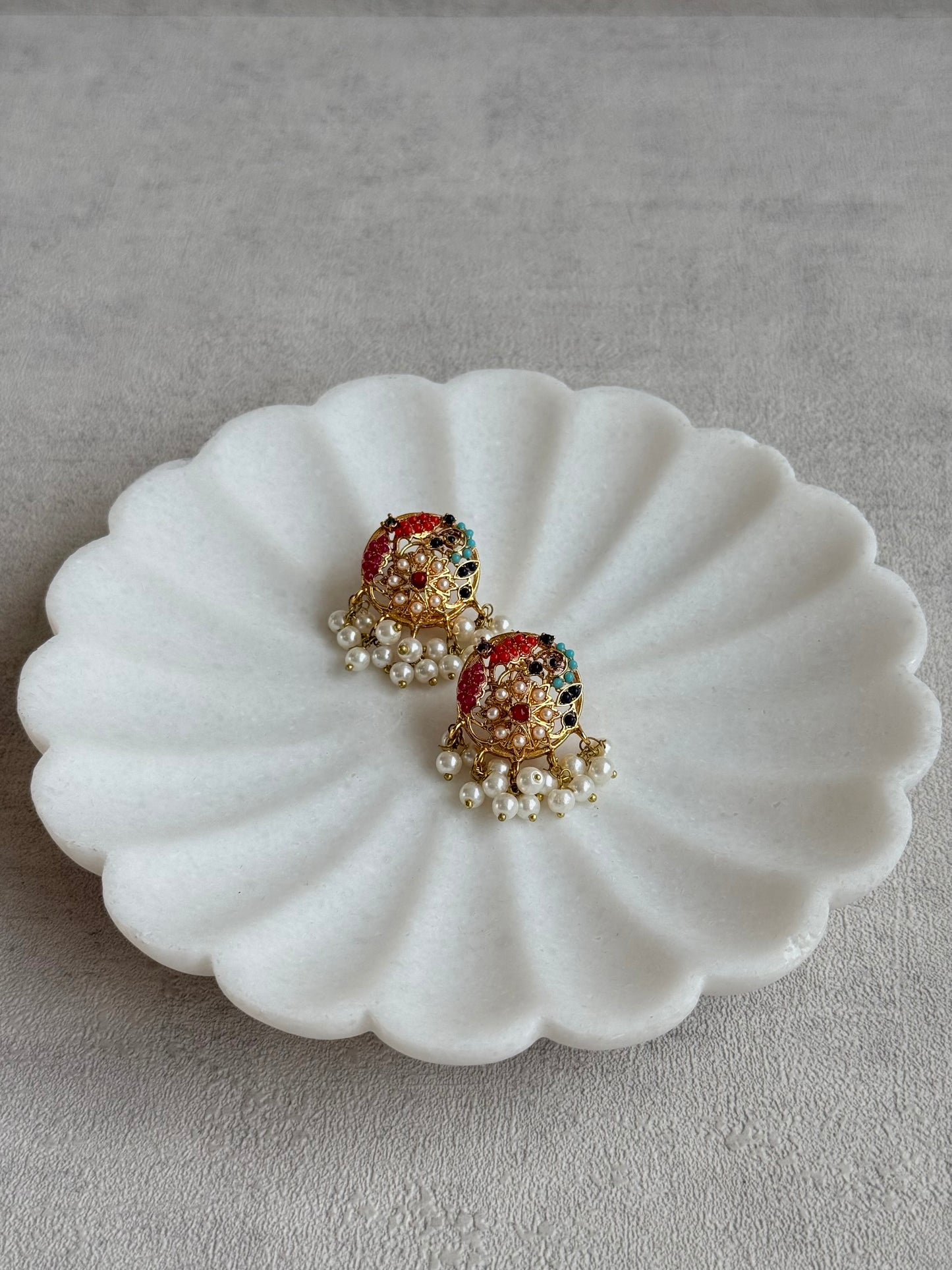 Ayura Designs Rasya Stud Earrings – Multicolour Stones with Pearl Drops & Gold Detailing