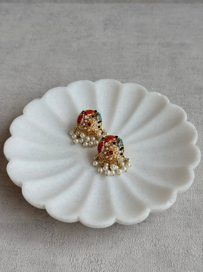 Ayura Designs Rasya Stud Earrings – Multicolour Stones with Pearl Drops & Gold Detailing