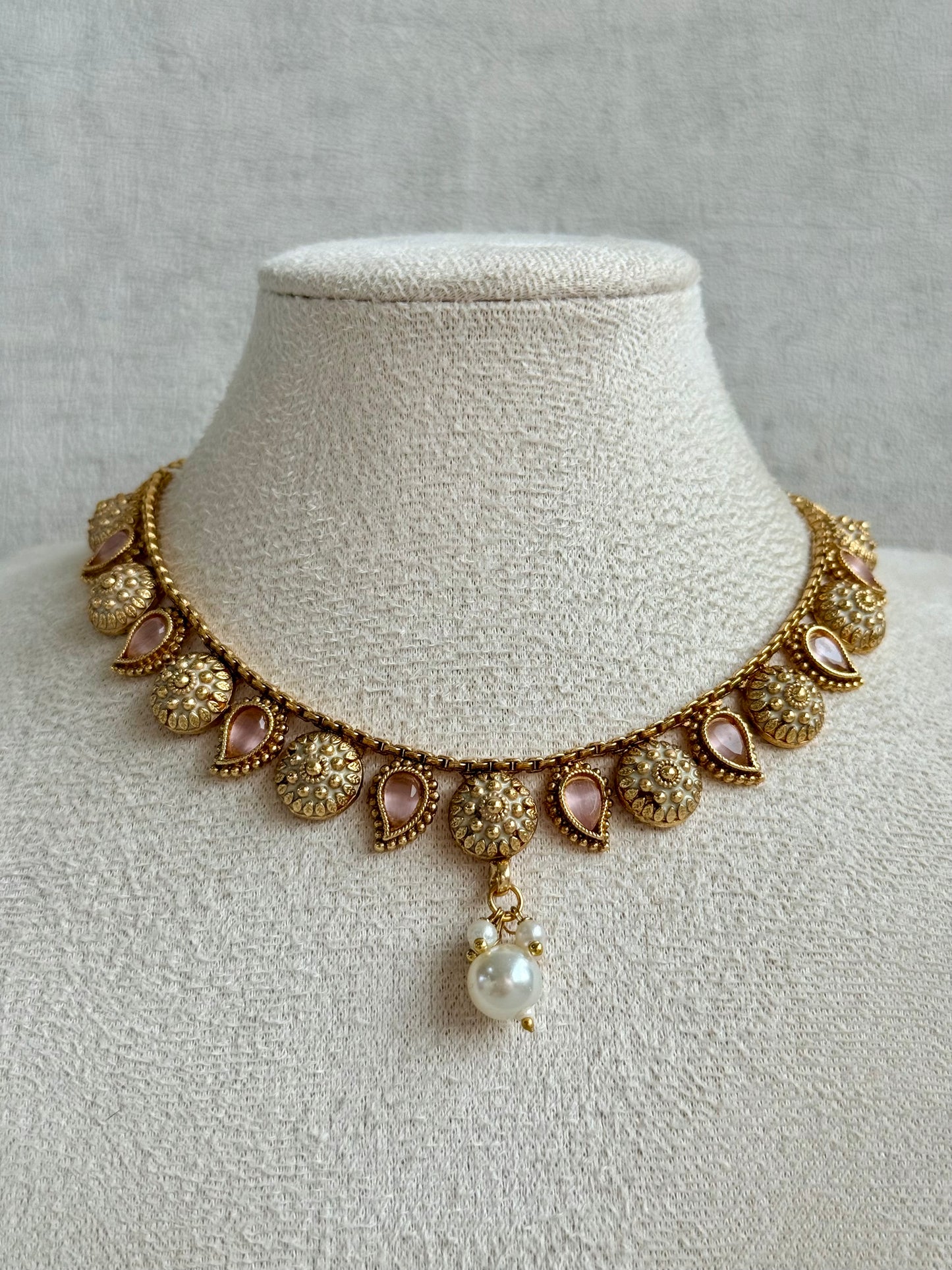Ayura Designs Mayura Necklace Set with Earrings – Antique Gold Meenakari Motifs with Pearl Drop & Blush Pink Stones