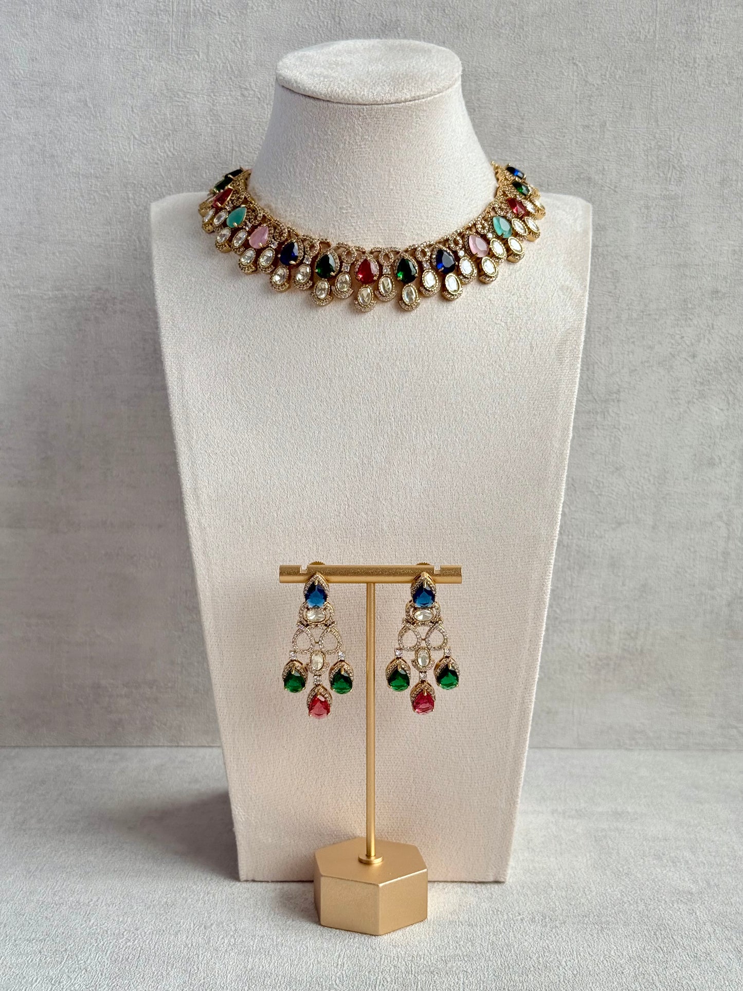 Ayura Designs Sylvie Necklace Set with Earrings – Gold Finish with Moissanite Crystals & Multicolour Stones