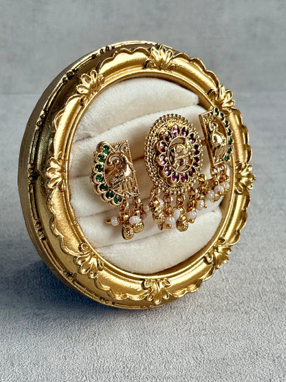 Ayura Designs Nira Adjustable Ring – Jadau-Inspired Gold Elephant Motifs with Rani Pink & Emerald Green Stones, Pearl Drops & Ghungroos