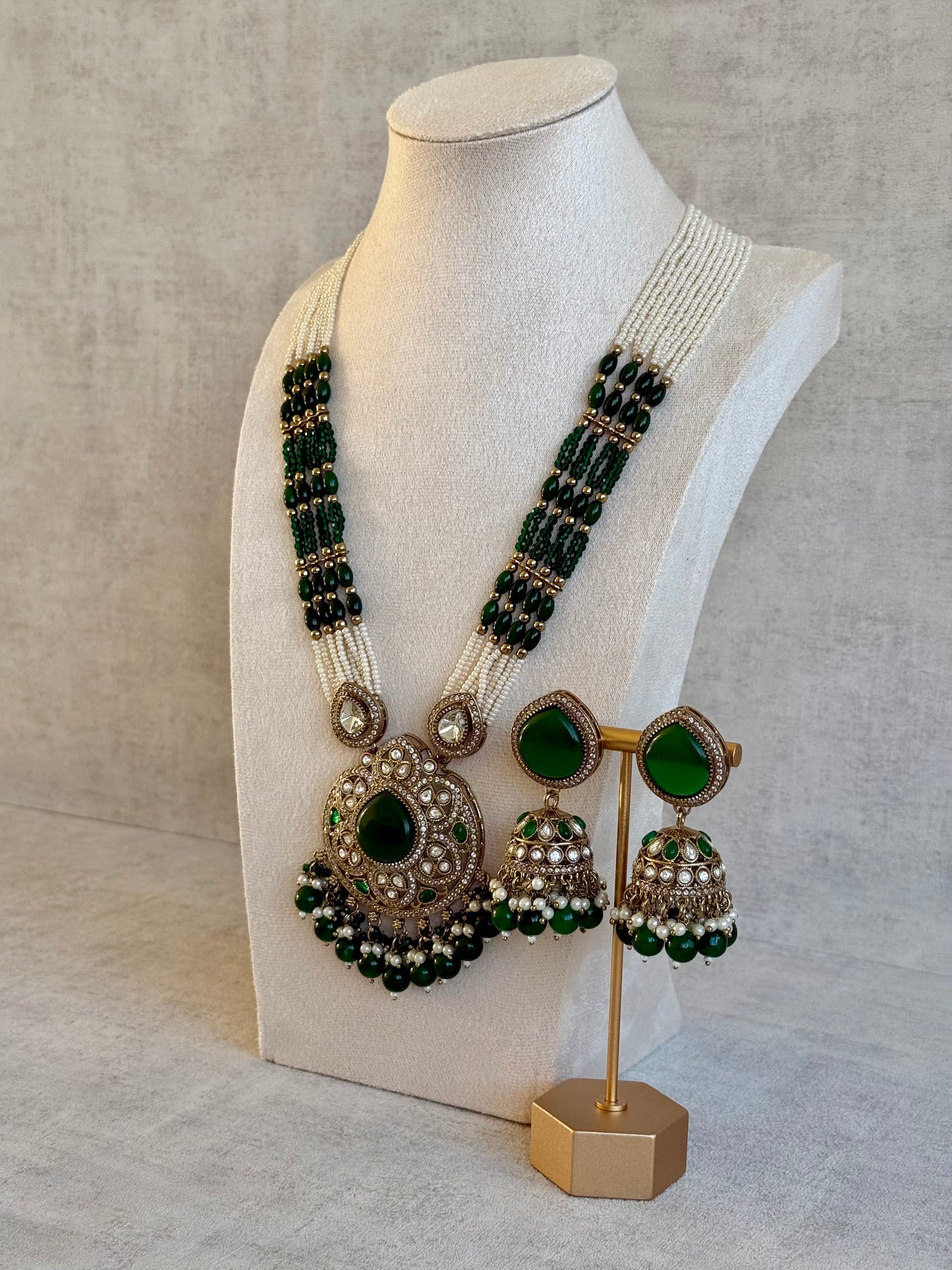 Ayura Designs Brielle Set – Necklace & Jhumkis with Mirror-Cut Stones, Emerald Green & Ivory Beads