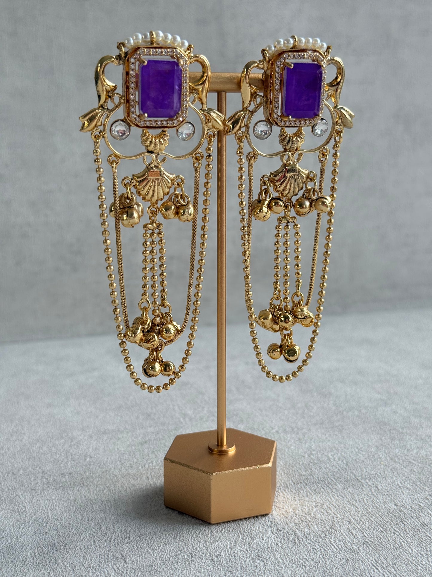 Ayura Designs Jaid Earrings – Royal Purple Floral Motif with Layered Chains & Ghungroos